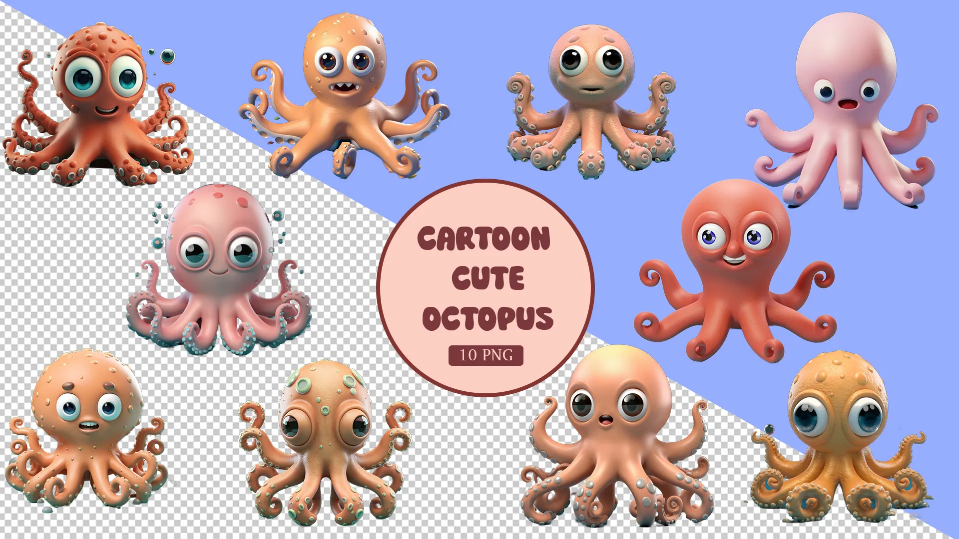 Delightful 3D Cartoon Octopuses Pack